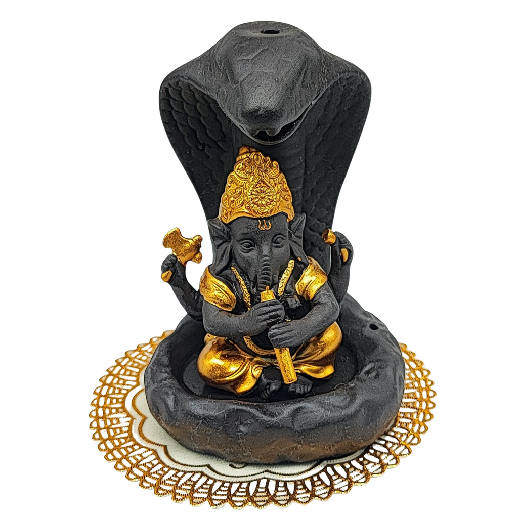 Incense Burner Kit -Ceramic -Backflow & Stick Holder -Ganesha with Snake -Yellow
