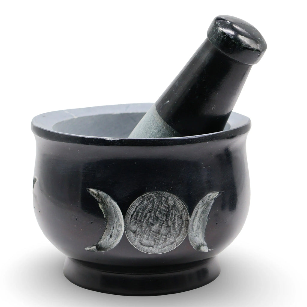 Mortar & Pestle - Soapstone - Carved Triple Moon - Black - 4"
