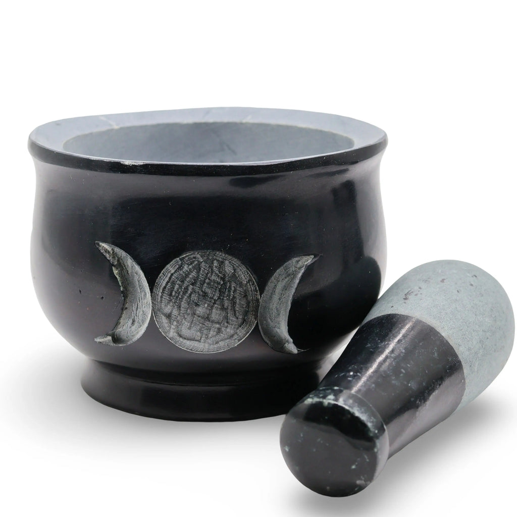 Mortar & Pestle - Soapstone - Carved Triple Moon - Black - 4"