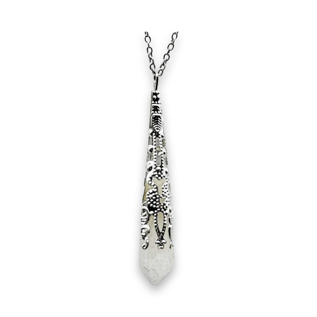 Necklace - Pointed - White Jade - Stainless Steel Findings