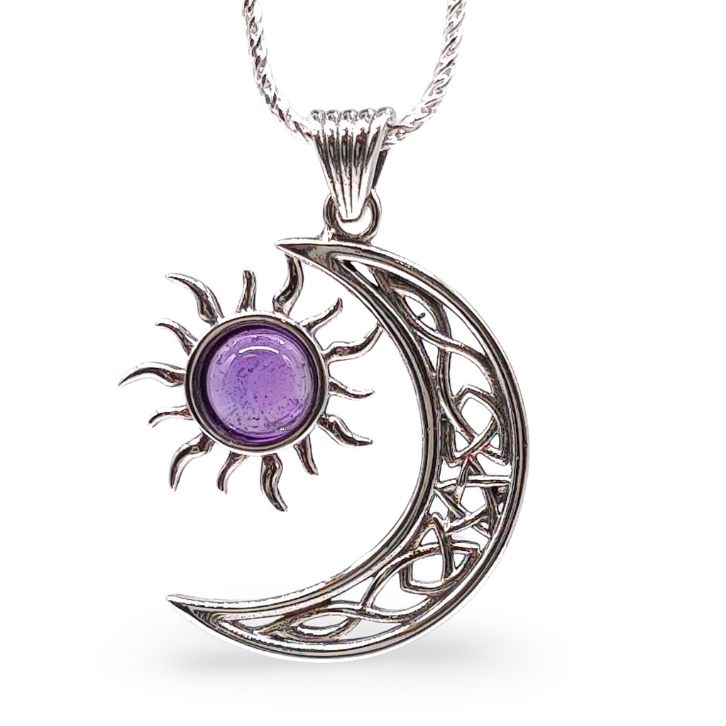 Necklace -925 Sterling Silver -Celtic Moon & Sun -Decorated with Gemstones Amethyst