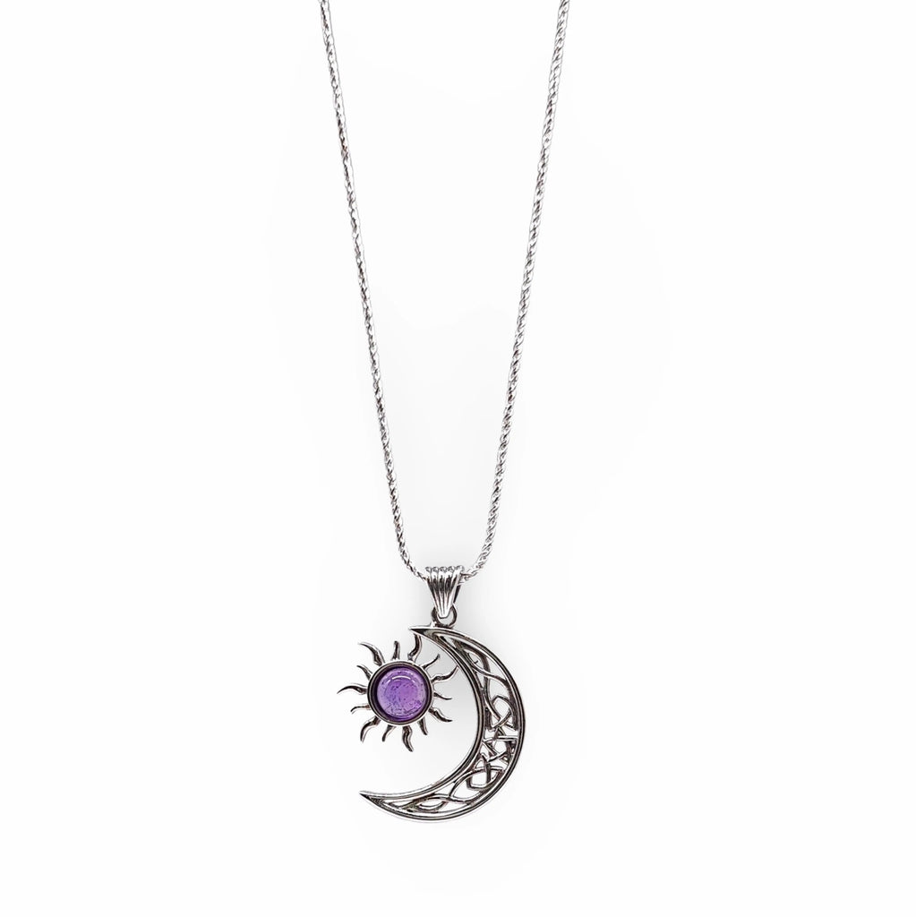 Necklace -925 Sterling Silver -Celtic Moon & Sun -Decorated with Gemstones