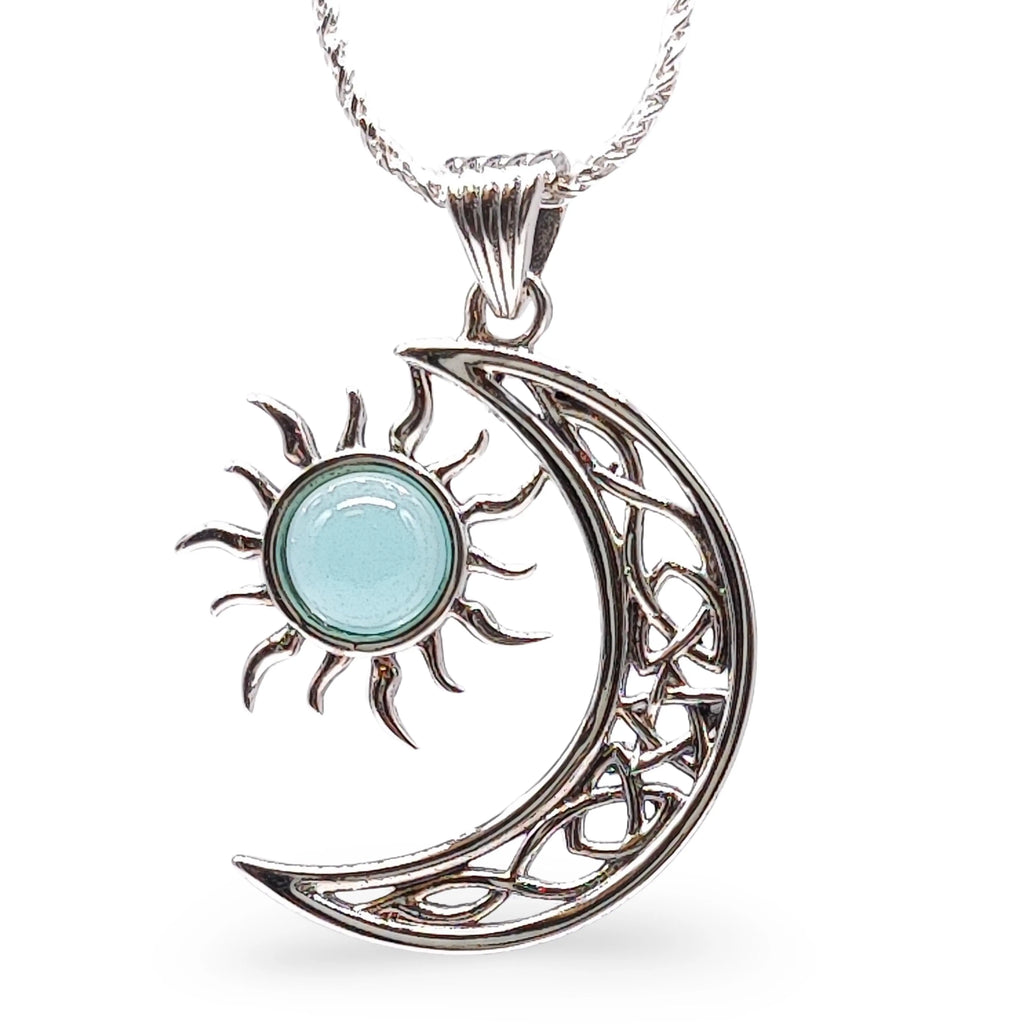 Necklace -925 Sterling Silver -Celtic Moon & Sun -Decorated with Gemstones Aquamarine