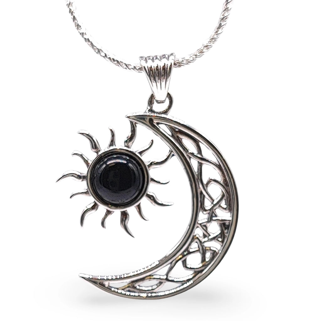 Necklace -925 Sterling Silver -Celtic Moon & Sun -Decorated with Gemstones Onyx