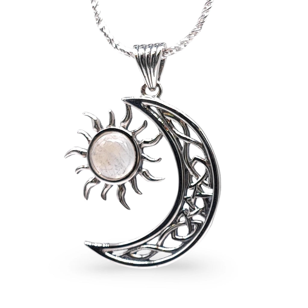 Necklace -925 Sterling Silver -Celtic Moon & Sun -Decorated with Gemstones Rainbow Moonstone