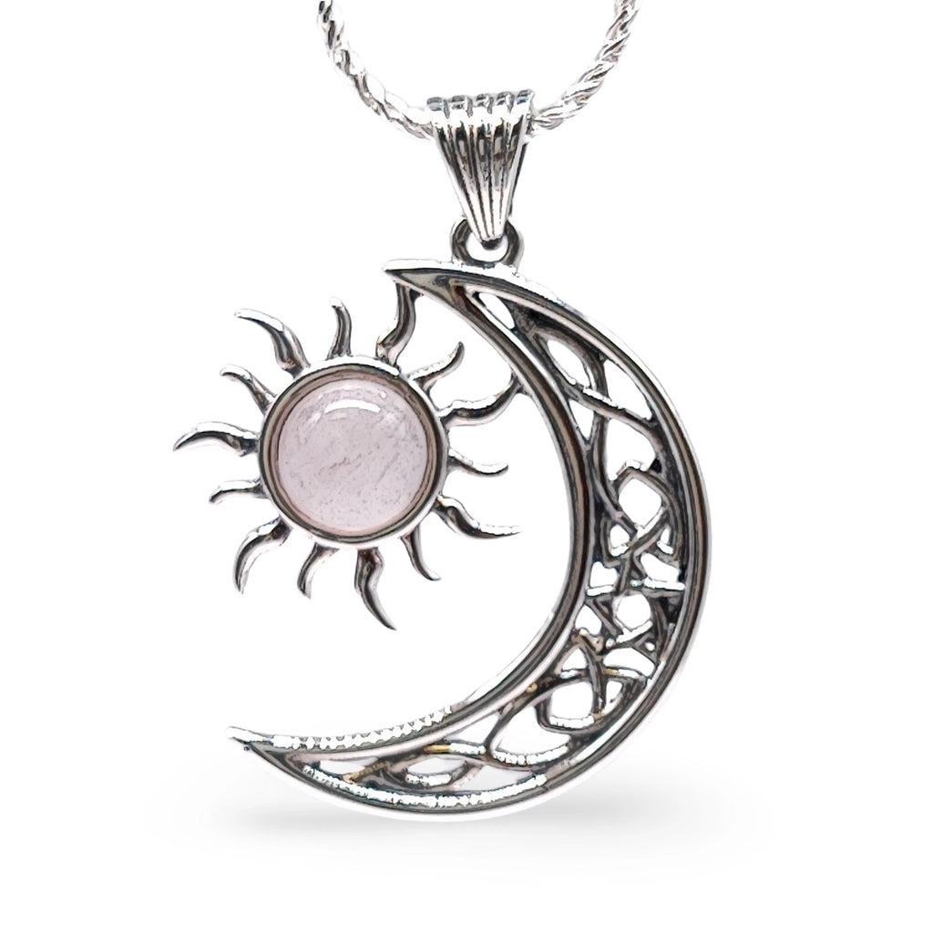 Necklace -925 Sterling Silver -Celtic Moon & Sun -Decorated with Gemstones Rose Quartz