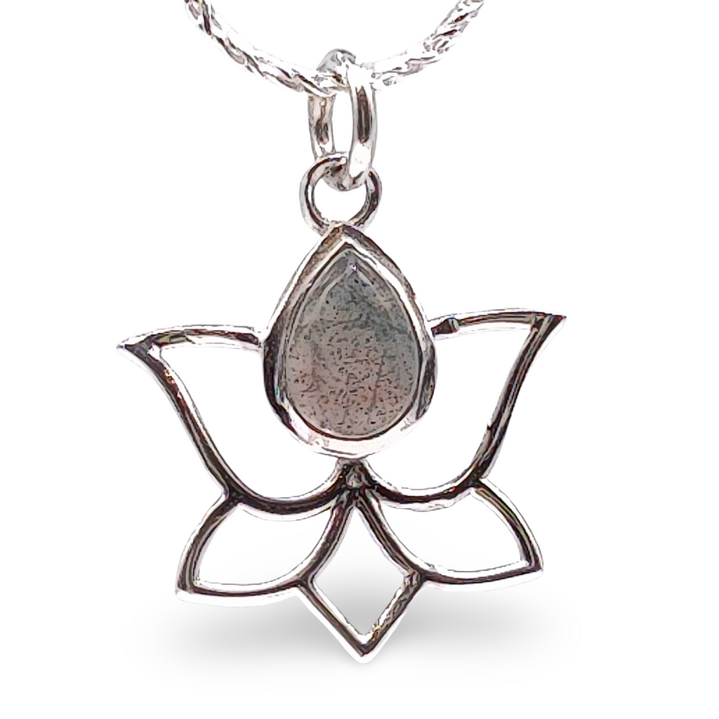 Necklace -925 Sterling Silver -Lotus -Decorated with Gemstones Labradorite