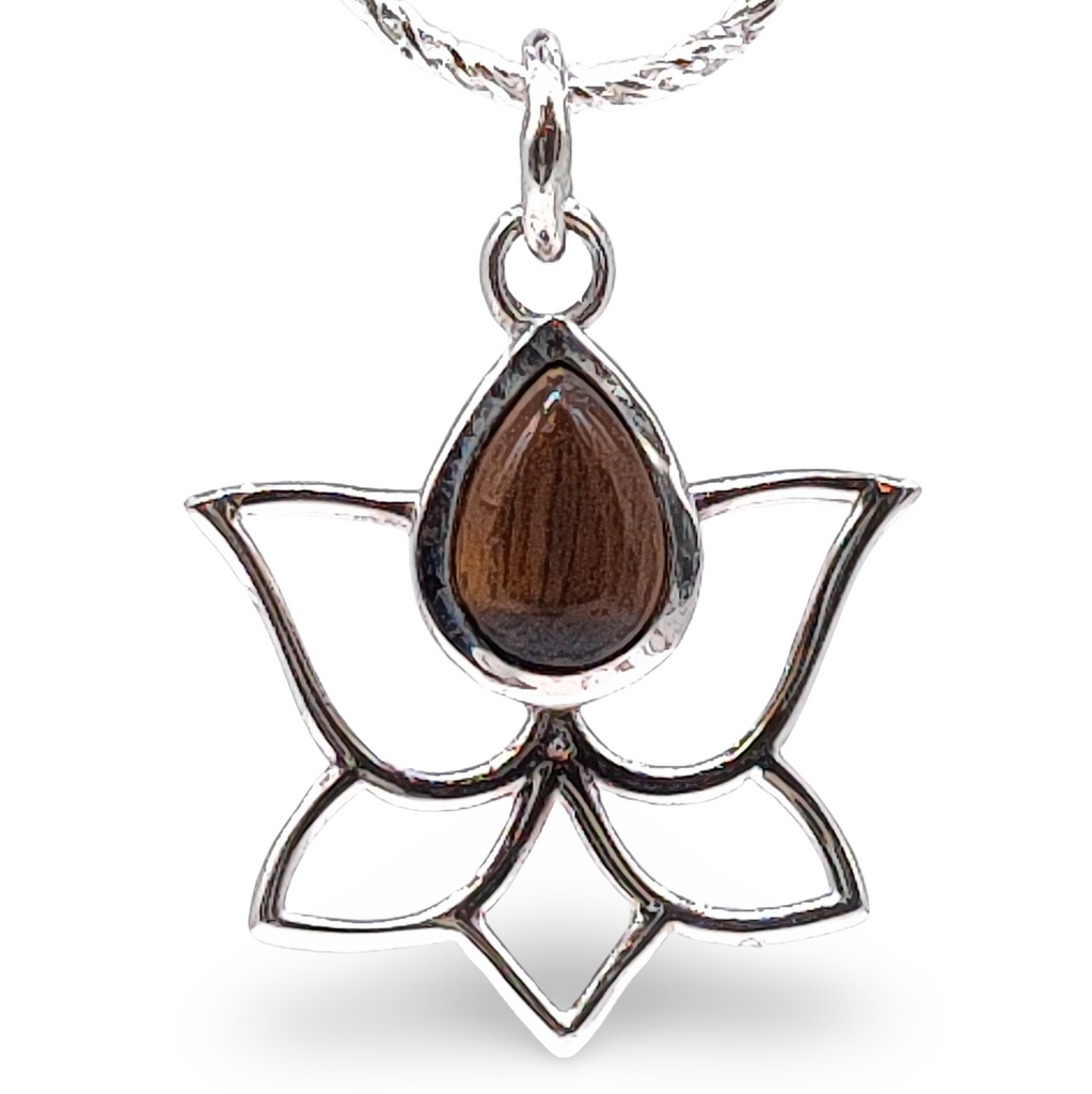 Necklace -925 Sterling Silver -Lotus -Decorated with Gemstones Tiger's Eye