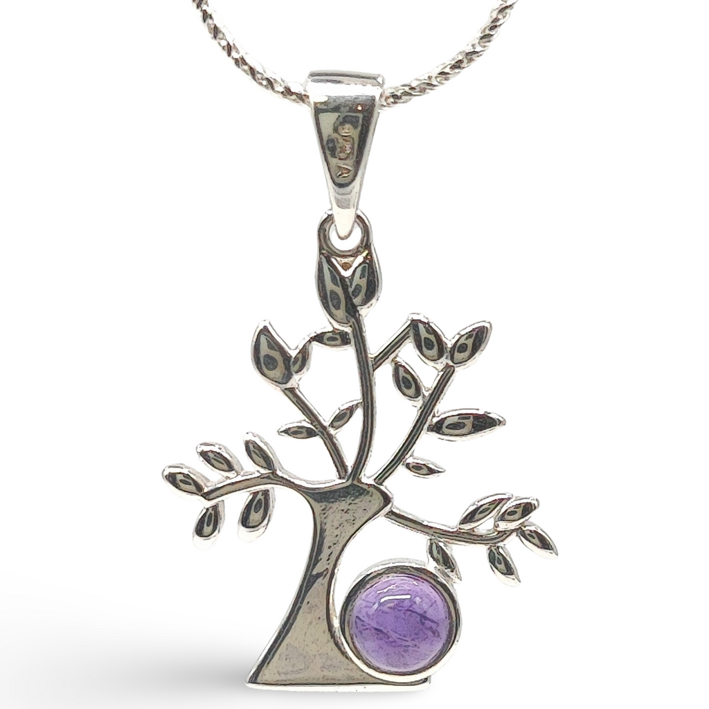 Necklace -925 Sterling Silver -Tree of Life -Decorated with Gemstones Amethyst
