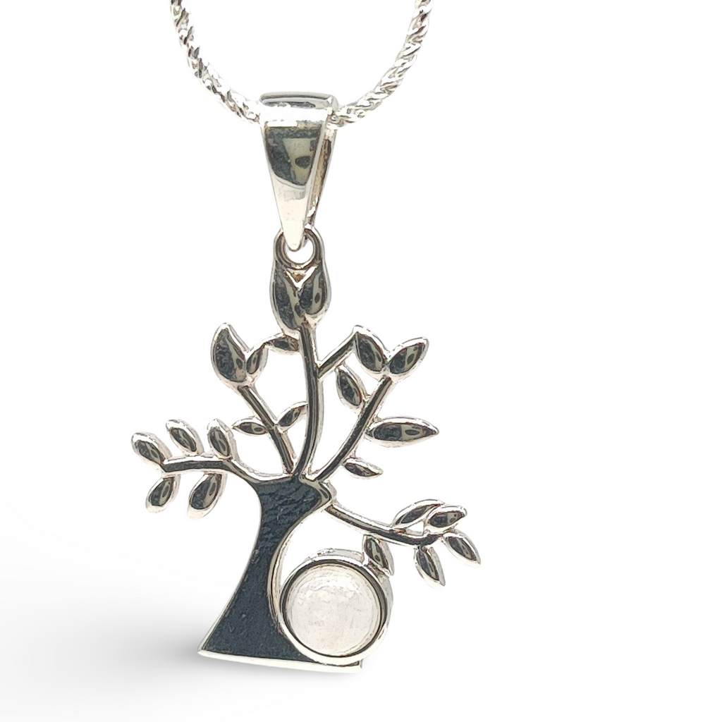 Necklace -925 Sterling Silver -Tree of Life -Decorated with Gemstones Rainbow Moonstone