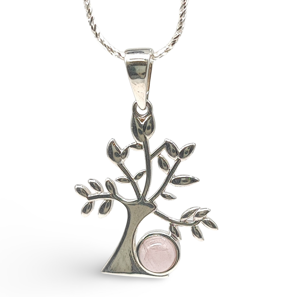 Necklace -925 Sterling Silver -Tree of Life -Decorated with Gemstones Rose Quartz