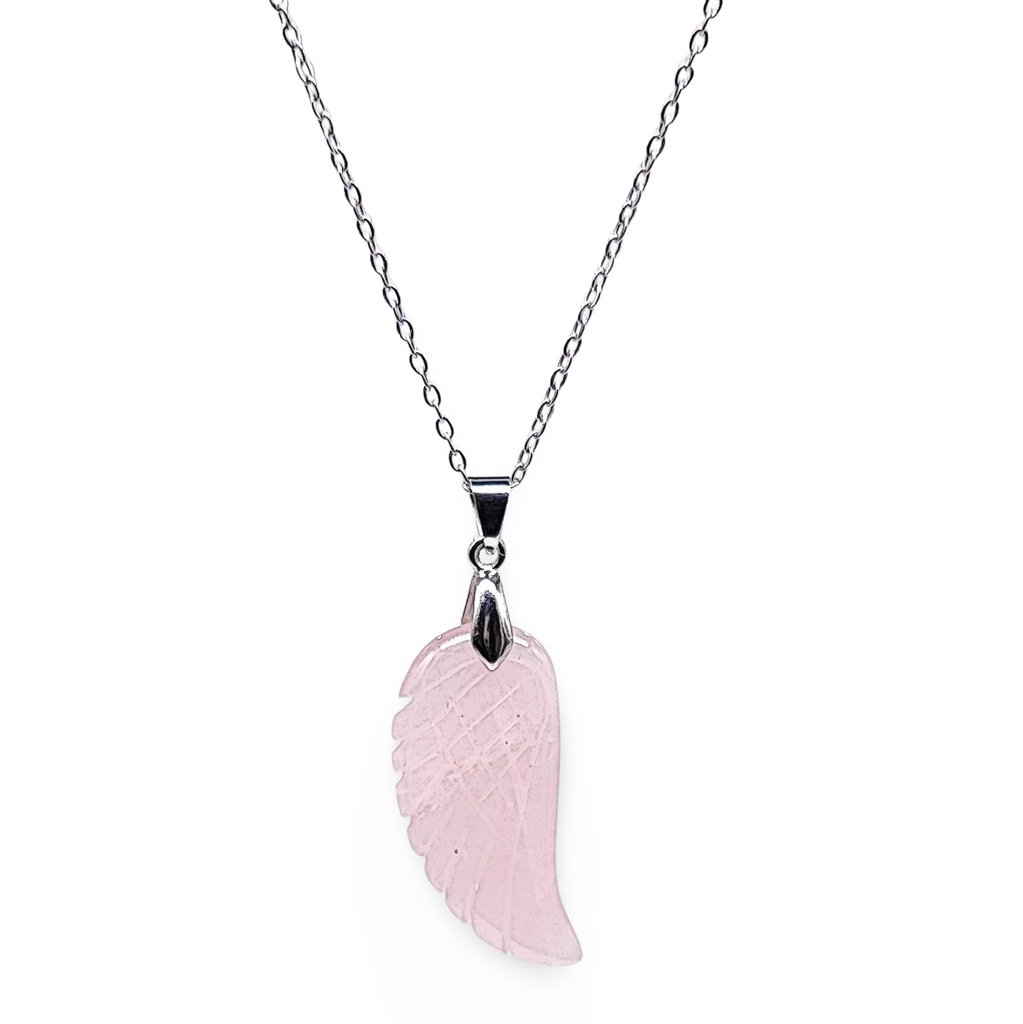 Necklace -Gemstone -Angel Wings -Rose Quartz - Arômes et Évasions