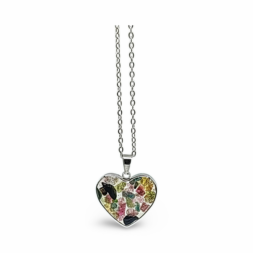 Necklace -Heart Shaped Glass Bottle -Mixed Tourmaline - Arômes et Évasions