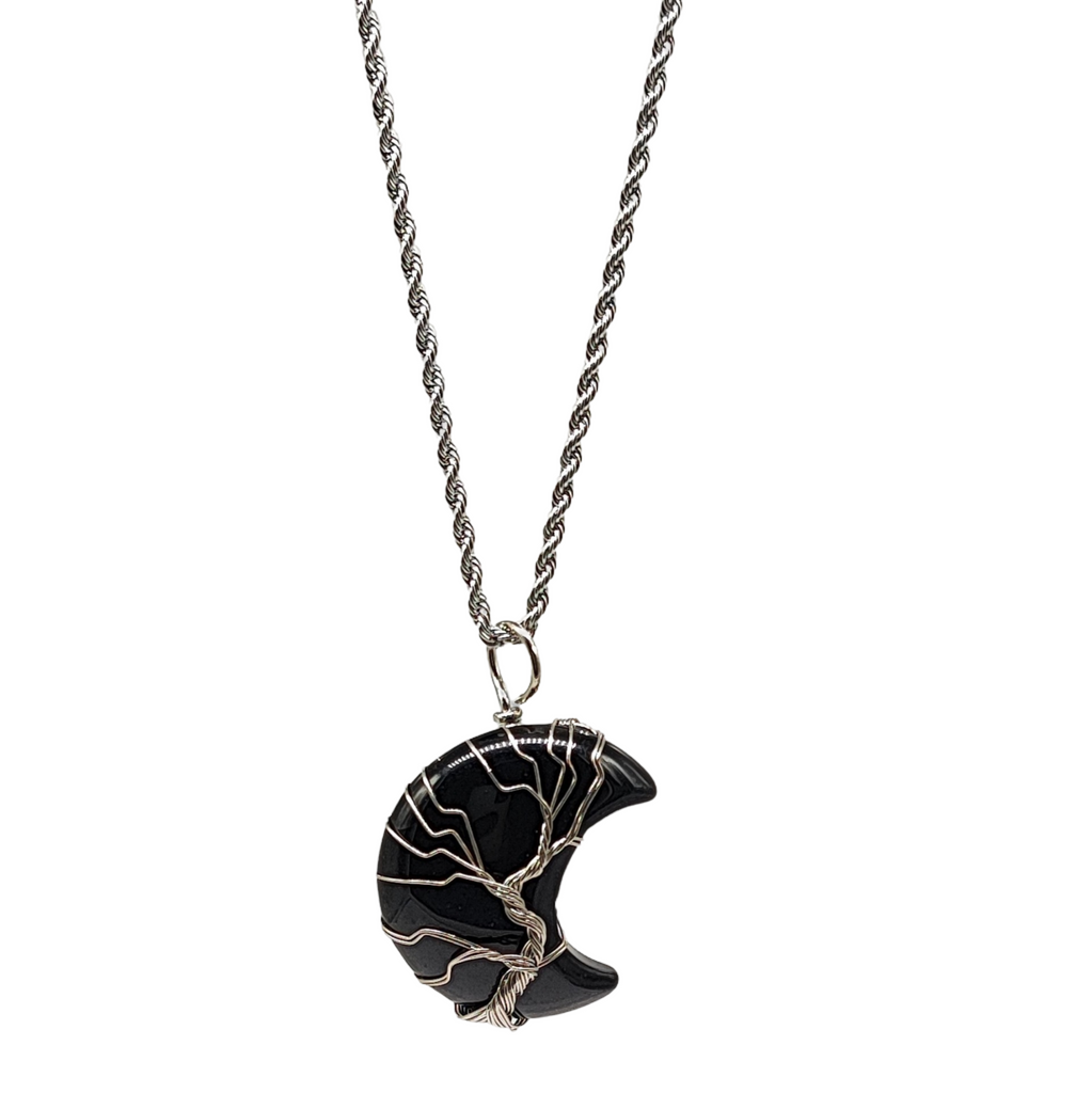 Necklace -Tree of Life -Natural Black Obsidian -Crescent Moon