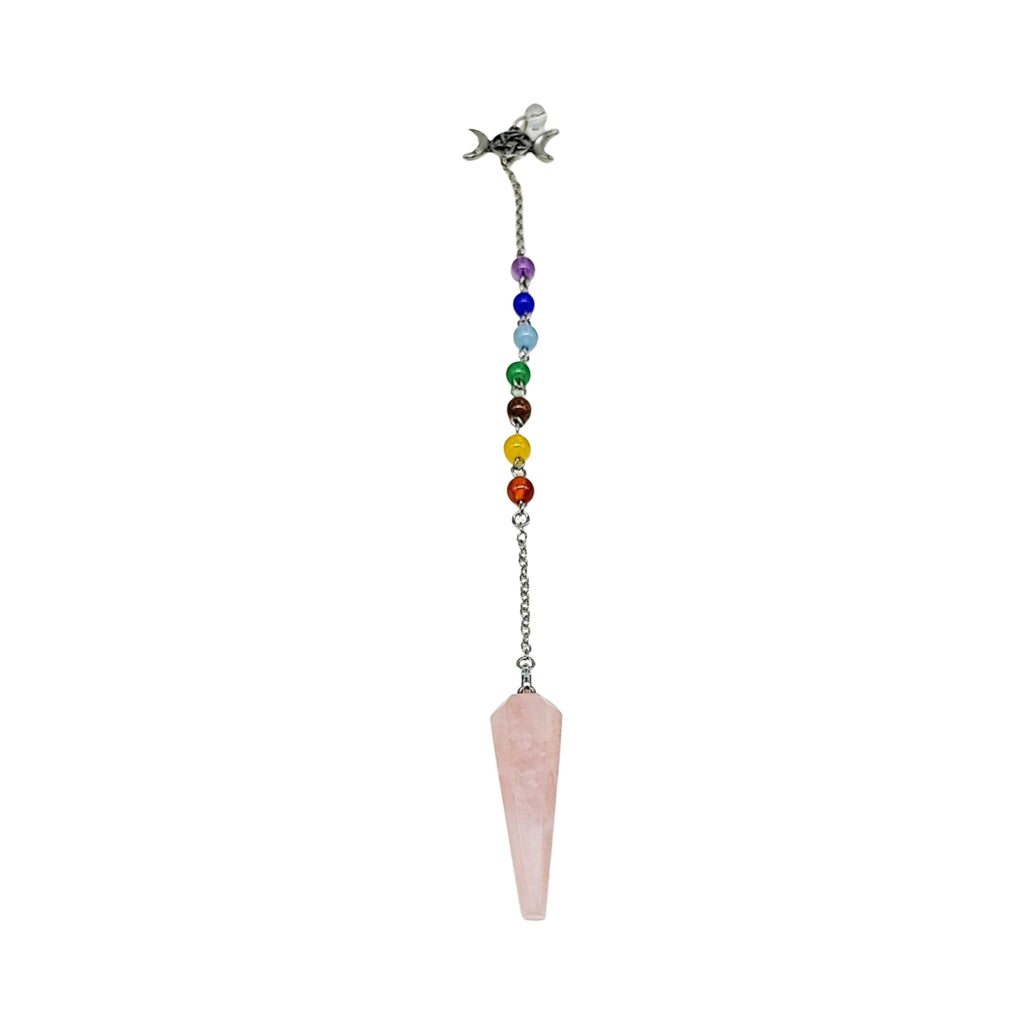 Pendulum - Cone - Rose Quartz - Triple Goddess Pentagram Charms