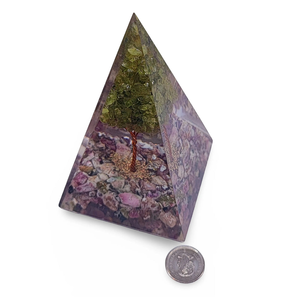 Pyramid -Orgonite -Pink Tourmaline Gemstones -Peridot Tree