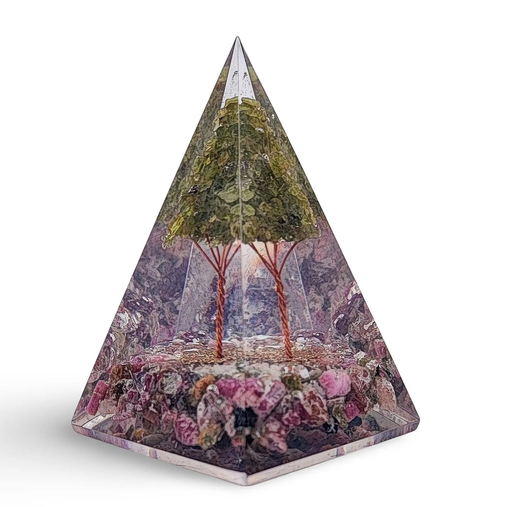 Pyramid -Orgonite -Pink Tourmaline Gemstones -Peridot Tree
