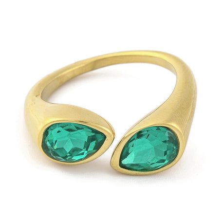 Ring – Ion Plating - Stainless Steel - Teardrop Aquamarine - Open Cuff Ring