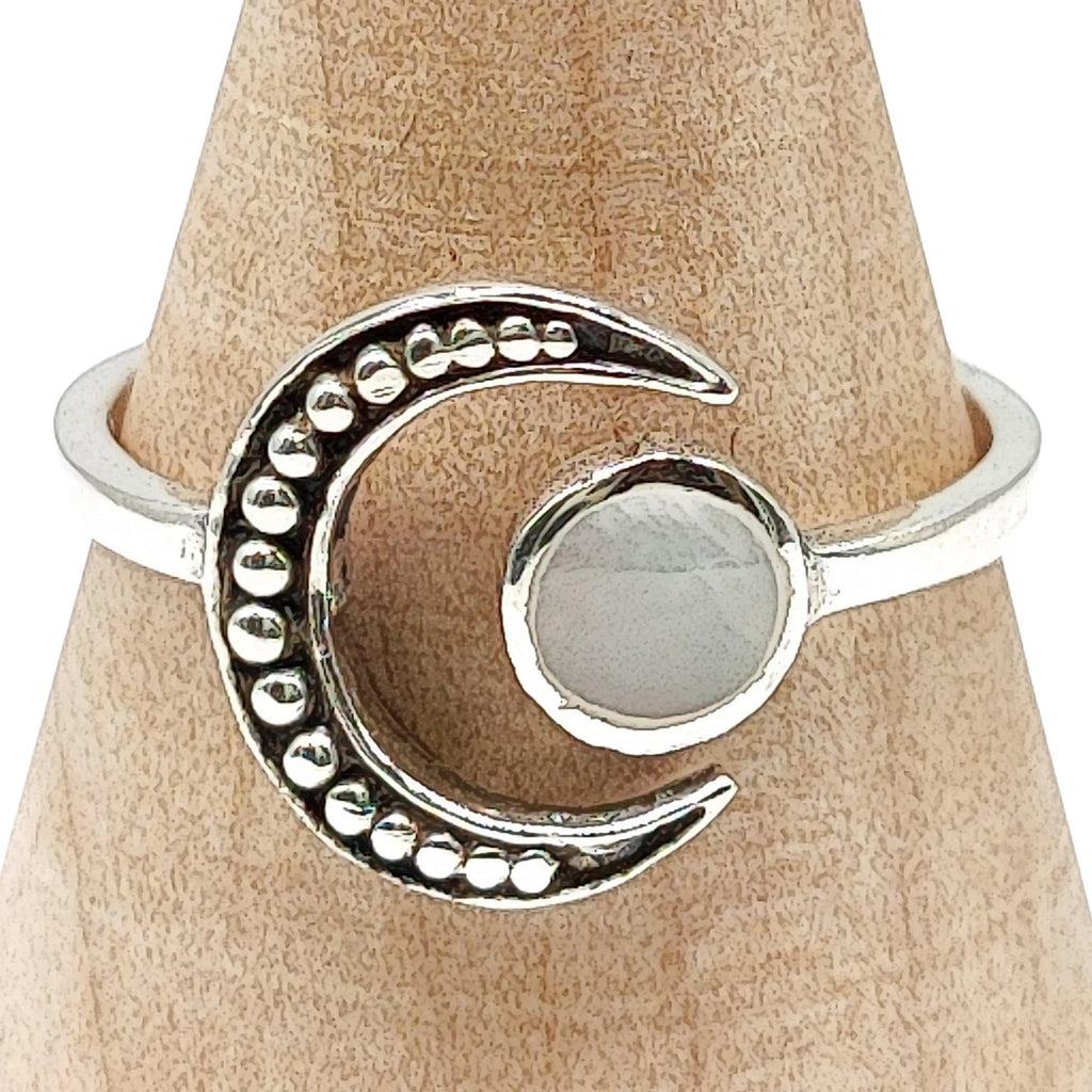 Ring -925 Sterling Silver -Adjustable Oxidized Ring -Crescent Moon with Shell