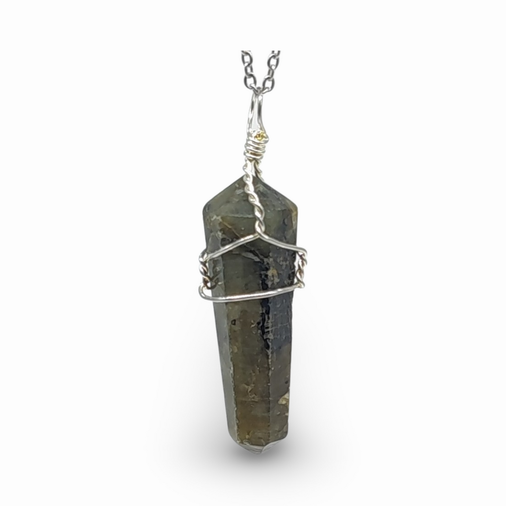 Necklace -Labradorite Double Terminated Point Pendant w/ Silver Wire Wrapping