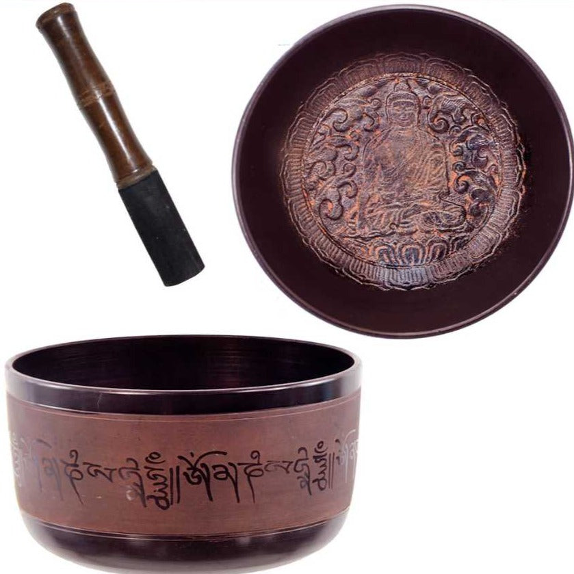 Tibetan Singing Bowl -Carved Medecine Buddha -Red -6" -A4 Note 432HZ