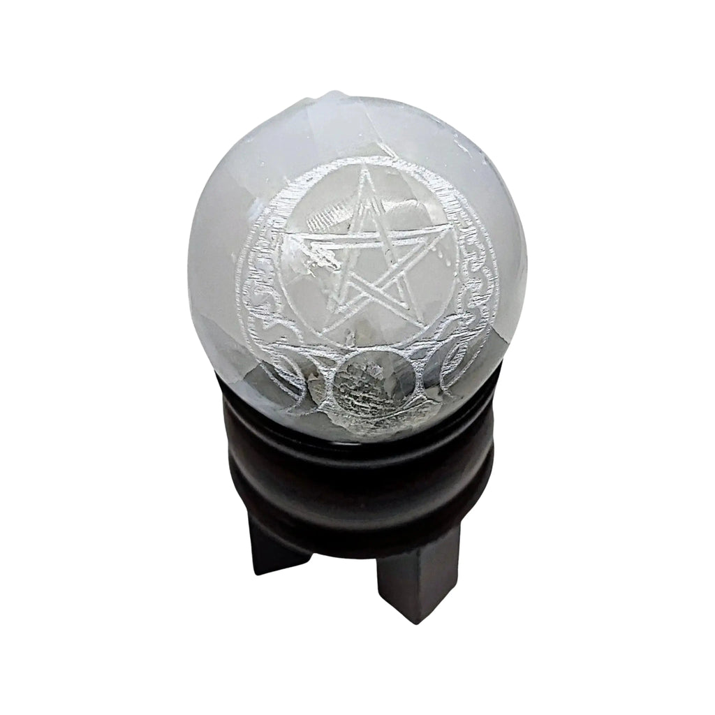 Sphere -Selenite -2'' -Triple Moon & Pentacle Engraved Arômes & Évasions.
