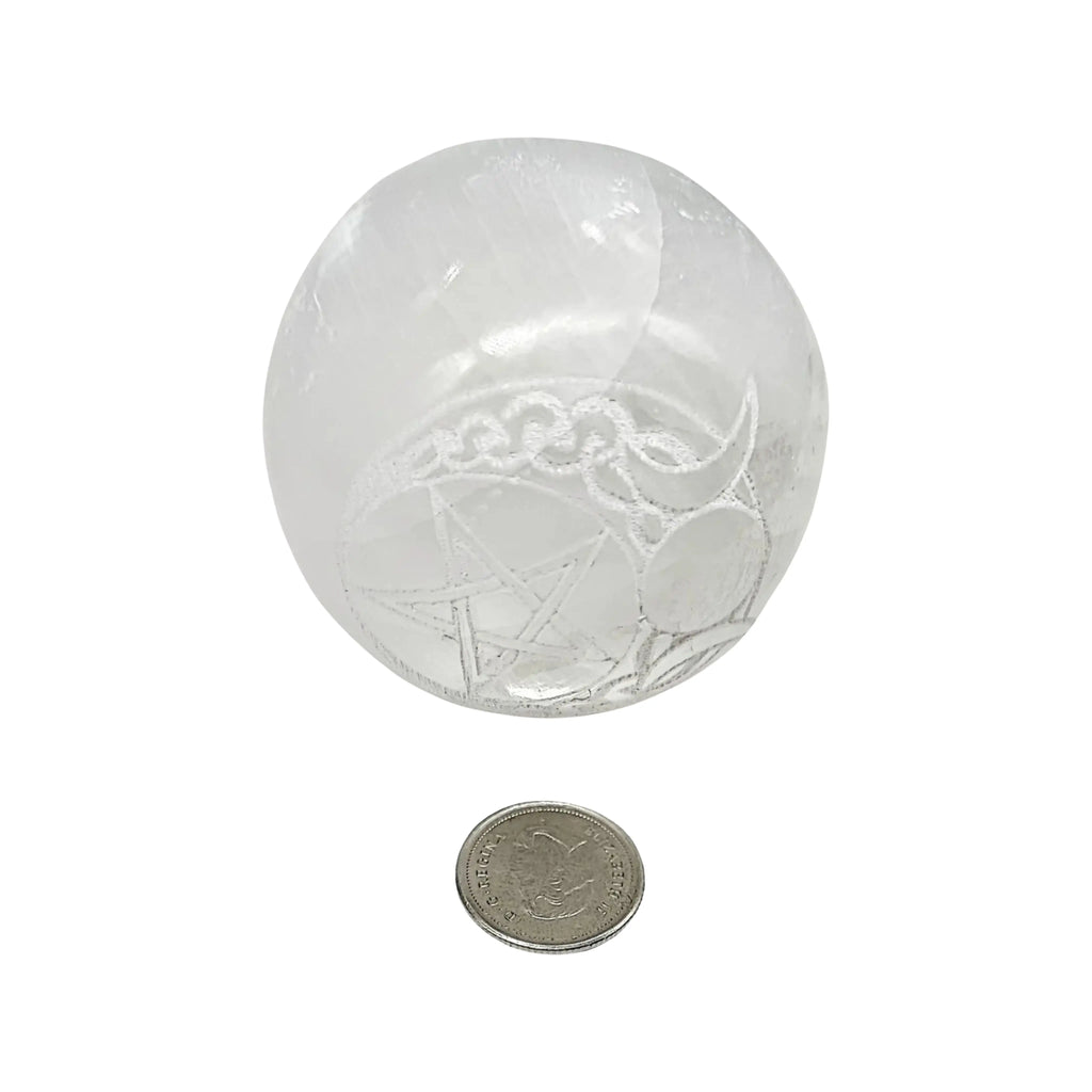 Sphere -Selenite -2'' -Triple Moon & Pentacle Engraved