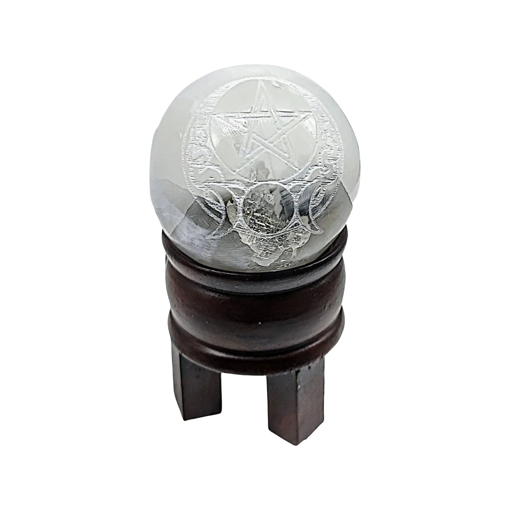 Sphere -Selenite -2'' -Triple Moon & Pentacle Engraved