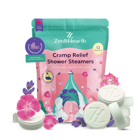 Zen & Hearth Cramp Relief Shower Steamers - Handcrafted Aromatherapy Tablets with Clary Sage, Lavender & Geranium for Period Pain Relief & Relaxation Made in Canada 12 Tablets – Best Value Monthly Cycle Support