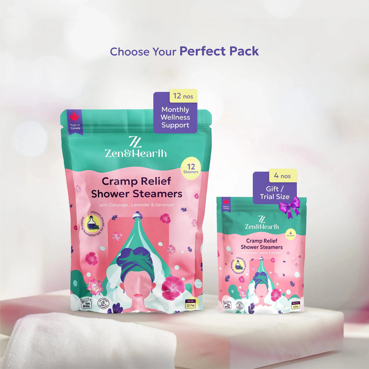 Zen & Hearth Cramp Relief Shower Steamers - Handcrafted Aromatherapy Tablets with Clary Sage, Lavender & Geranium for Period Pain Relief & Relaxation Made in Canada 4 Tablets – Gift Trial Pack