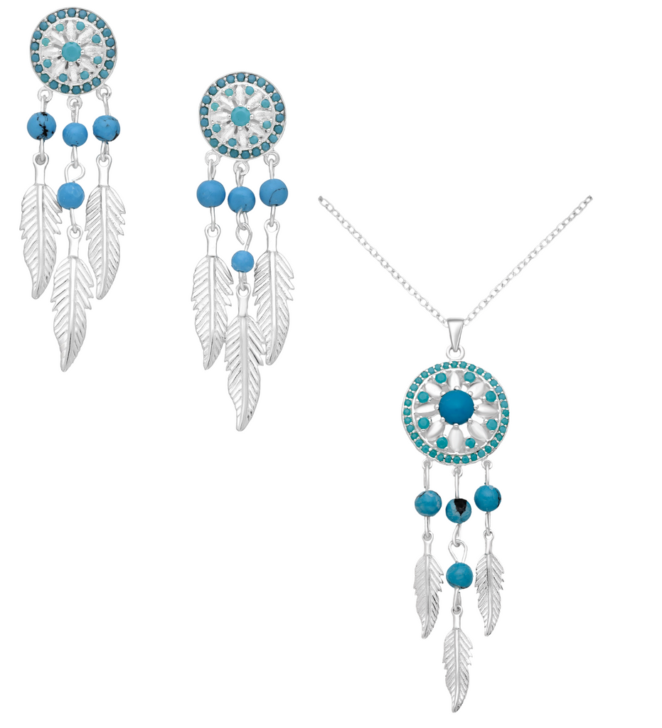 Necklace - 925 Sterling Silver - Earring and Necklace Set - Dremcatcher with Turquoise Stone