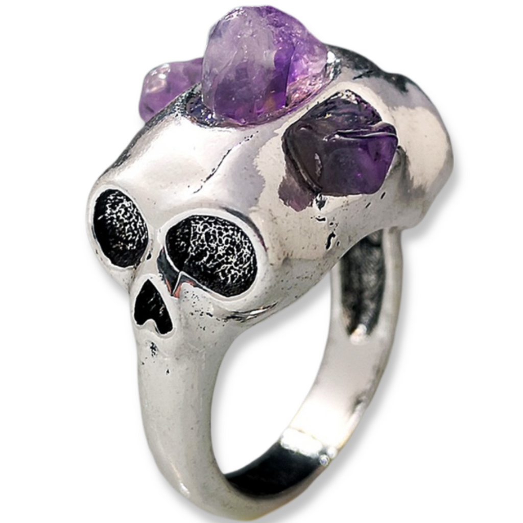 Ring - Natural Amethyst on Skull - Antique Silver 11