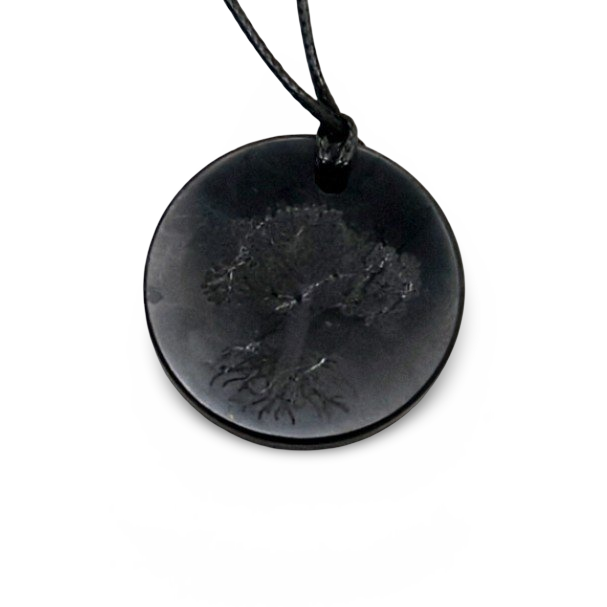 Necklace - AAA Shungite - Round Shape with Engrave Tree of Life