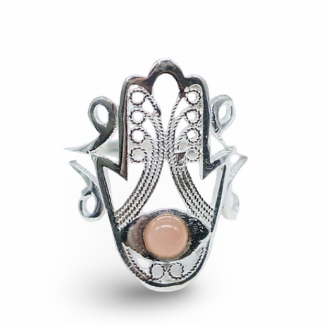 Ring - 925 Sterling Silver - Fatima Hand with Gemstone Peach Moonstone