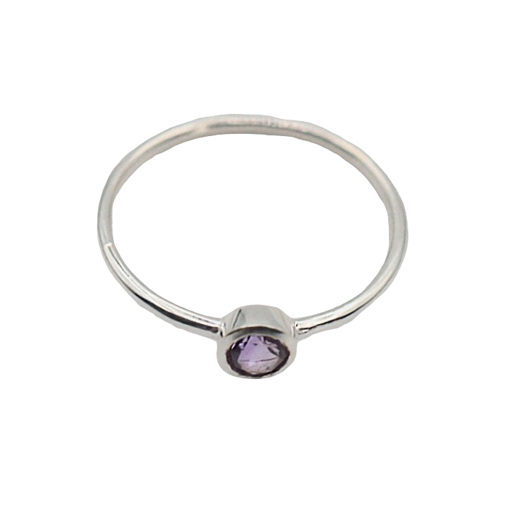 Ring - 925 Sterling Silver - Small Rond Gemstone Amethyst
