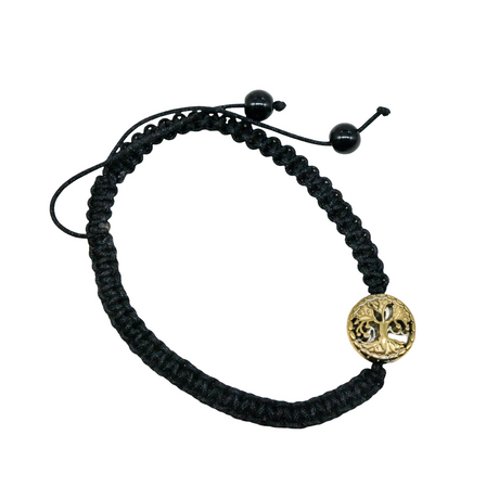 Bracelet - Black Braided - Ajustable Cord - Light Gold Tree of Life