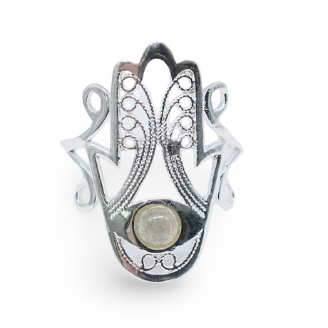 Ring - 925 Sterling Silver - Fatima Hand with Gemstone Labradorite