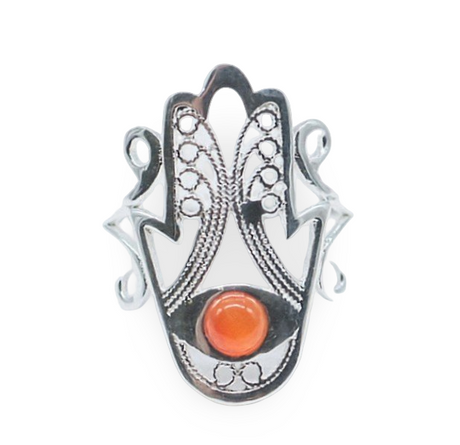 Ring - 925 Sterling Silver - Fatima Hand with Gemstone Carnelian