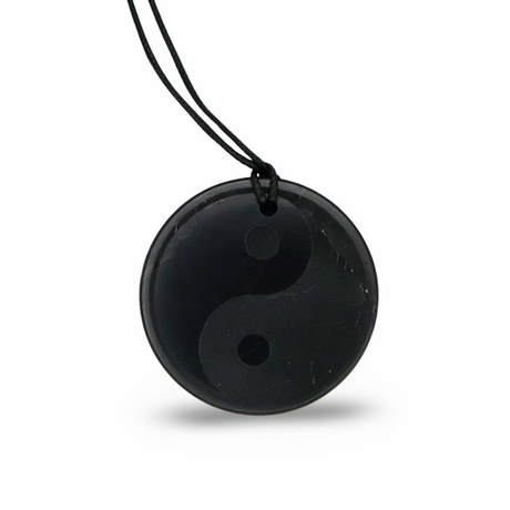 Necklace - AAA Shungite - Round Shape Pendant with Yin Yang Sign Adjustable Cord