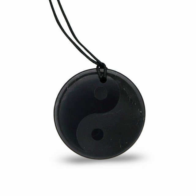 Necklace - AAA Shungite - Round Shape Pendant with Yin Yang Sign Adjustable Cord