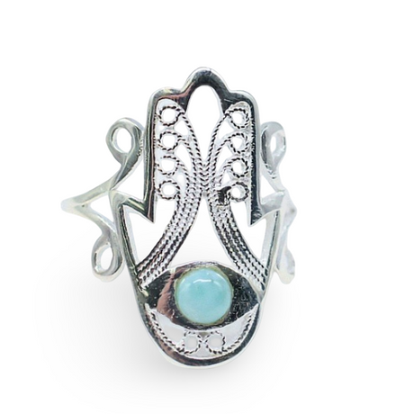 Ring - 925 Sterling Silver - Fatima Hand with Gemstone Larimar