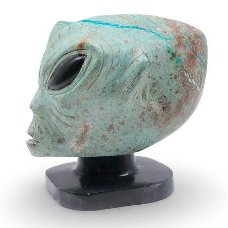 Stone Specimen - Carved Stone - Chrysocolla - Alien Head on Onyx Base & Eyes