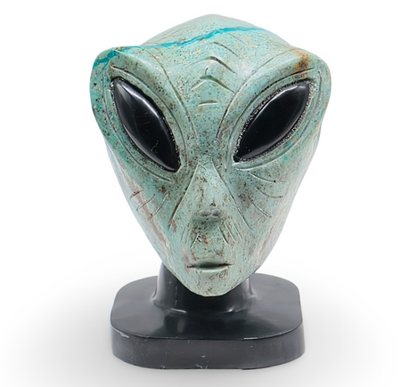 Stone Specimen - Carved Stone - Chrysocolla - Alien Head on Onyx Base & Eyes
