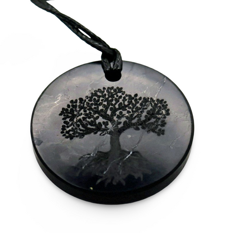 Necklace - AAA Shungite - Round Shape with Engrave Tree of Life Adjustable Cord