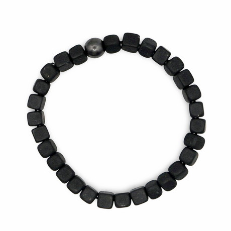 Bracelet - AAA Shungite with Square Beads with One rond AAA Hematite Bead - 6mm Black Matte