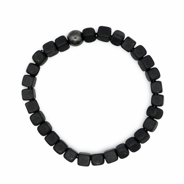 Bracelet - AAA Shungite with Square Beads with One rond AAA Hematite Bead - 6mm Black Matte