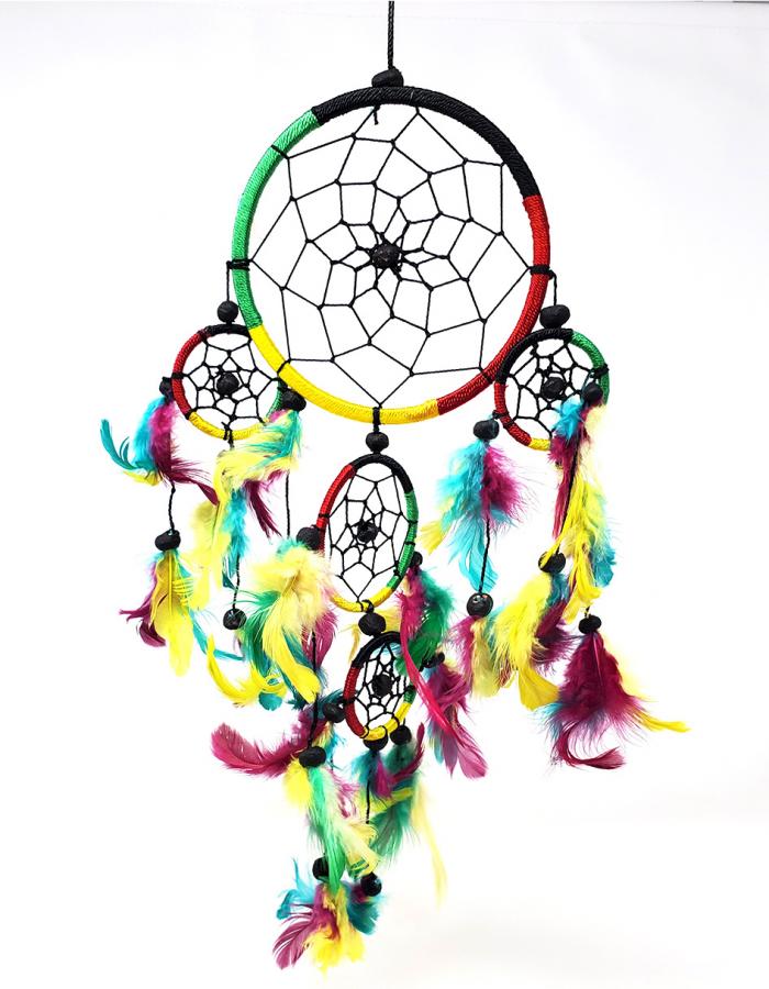 Home Decor - Dreamcatcher - Five Rings with Feathers & Beads