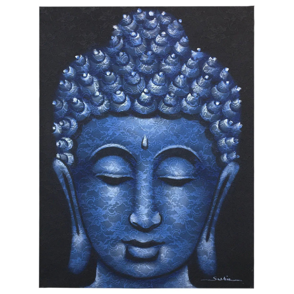Home Decor -Buddha Painting -Blue Brocade Detail