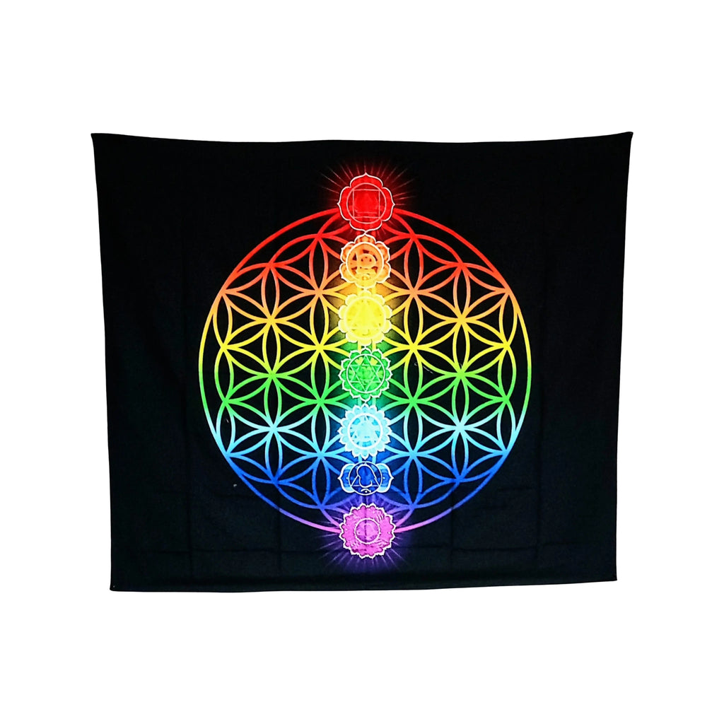 Banner -Wall Decor -Rayonne Tapestry -Flower of Life & 7 Chakras