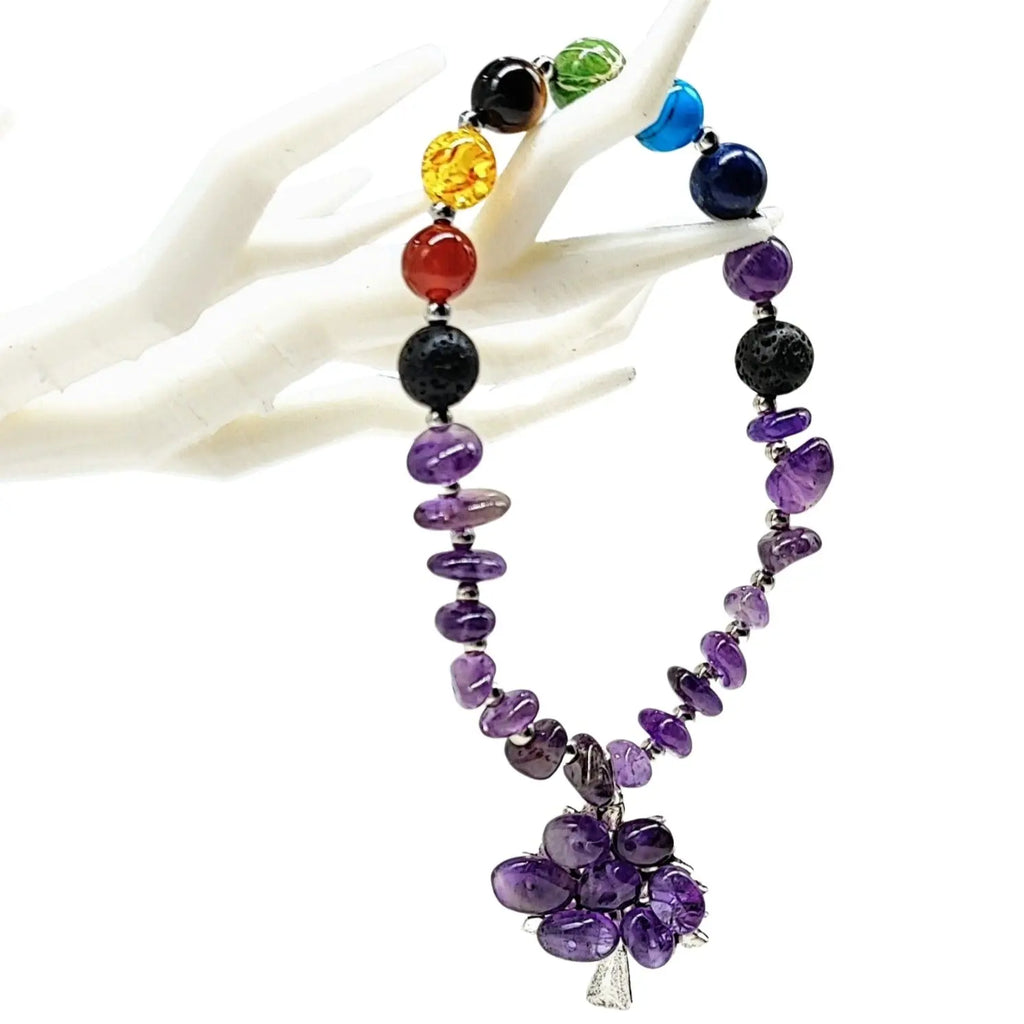 Bracelet -Amethyst Chips -7 Chakras Beads -Tree of Life Charm
